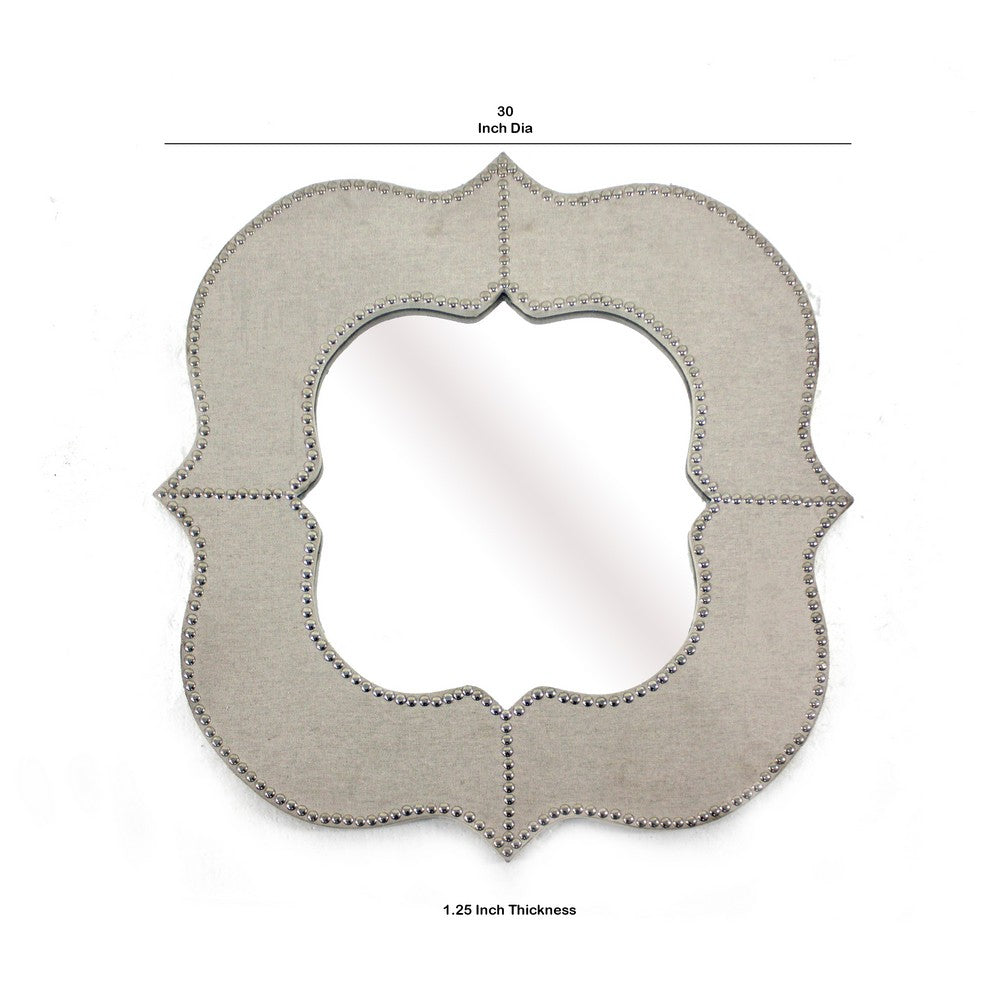 Wooden Quatrefoil Pattern Wall Mirror with Nailhead Trim, Silver and Gray - BM211045