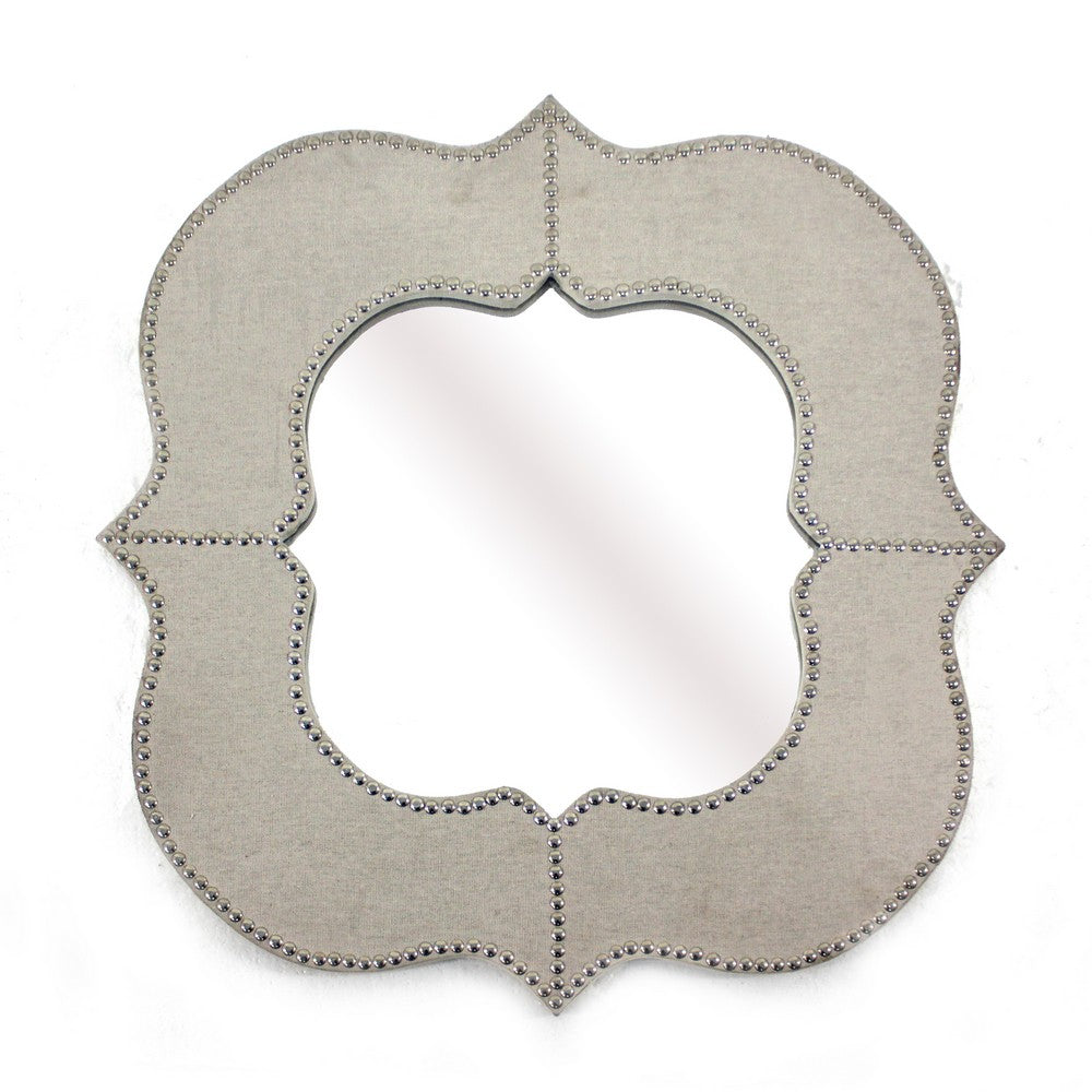 Wooden Quatrefoil Pattern Wall Mirror with Nailhead Trim, Silver and Gray - BM211045