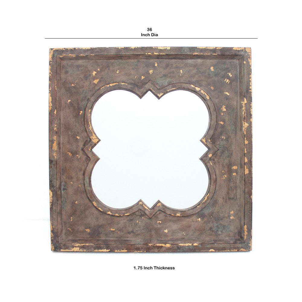 Quatrefoil Pattern Wood Mirror with Distressed Finish, Silver and Brown - BM211046