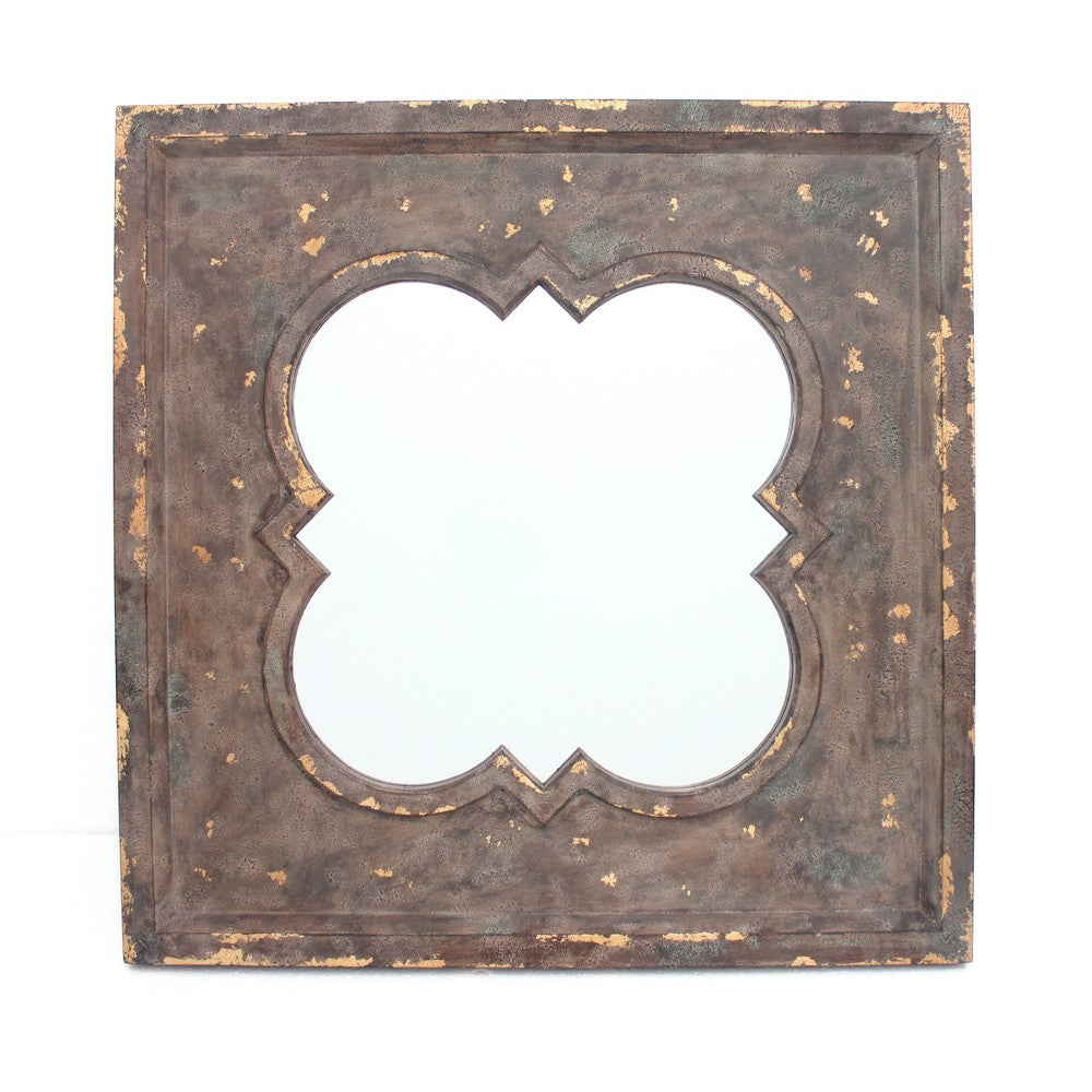 Quatrefoil Pattern Wood Mirror with Distressed Finish, Silver and Brown - BM211046