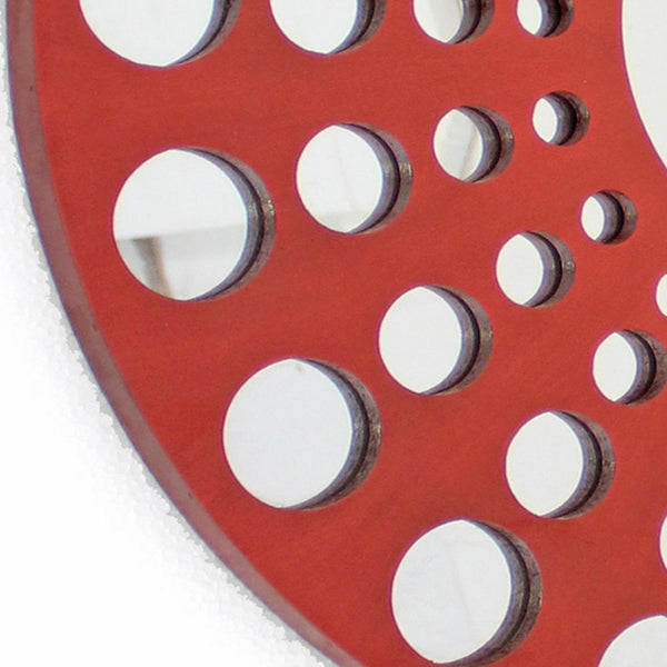Contemporary Wooden Round Wall Decor with Circle Cut Outs, Red and Silver - BM211047