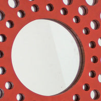 Contemporary Wooden Round Wall Decor with Circle Cut Outs, Red and Silver - BM211047