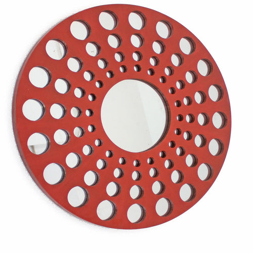 Contemporary Wooden Round Wall Decor with Circle Cut Outs, Red and Silver - BM211047