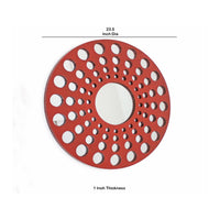 Contemporary Wooden Round Wall Decor with Circle Cut Outs, Red and Silver - BM211047