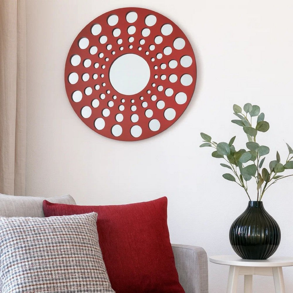 Contemporary Wooden Round Wall Decor with Circle Cut Outs, Red and Silver - BM211047