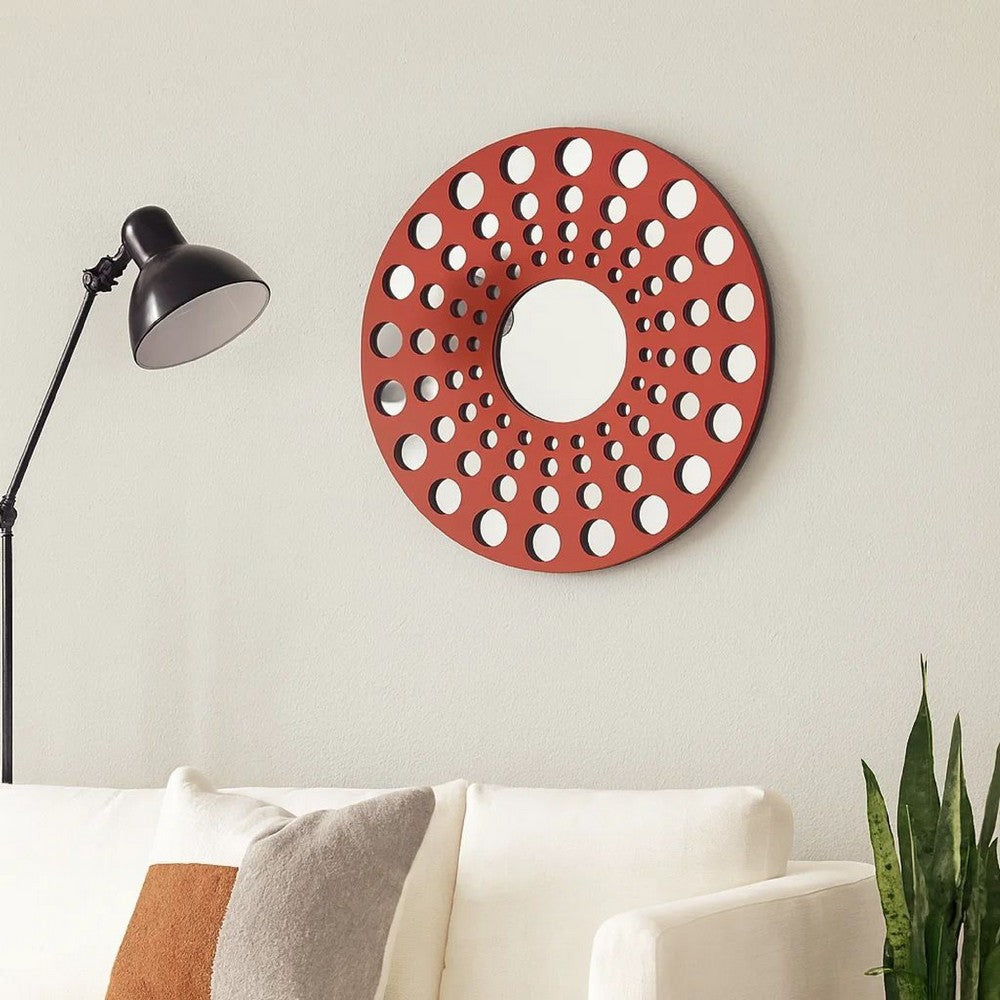 Contemporary Wooden Round Wall Decor with Circle Cut Outs, Red and Silver - BM211047