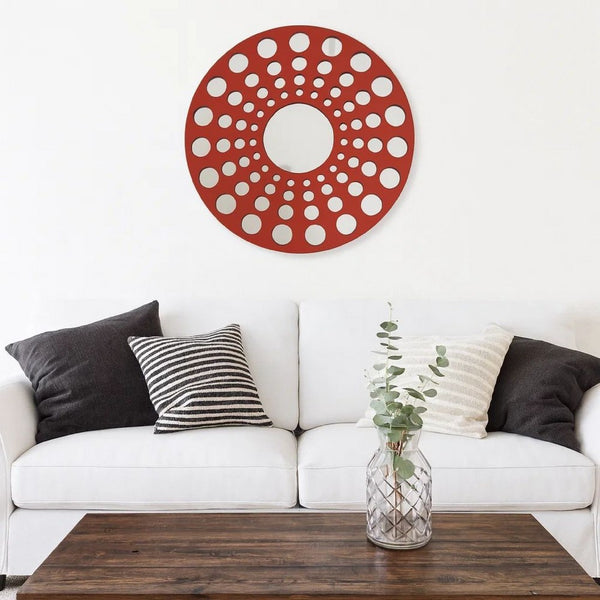 Contemporary Wooden Round Wall Decor with Circle Cut Outs, Red and Silver - BM211047