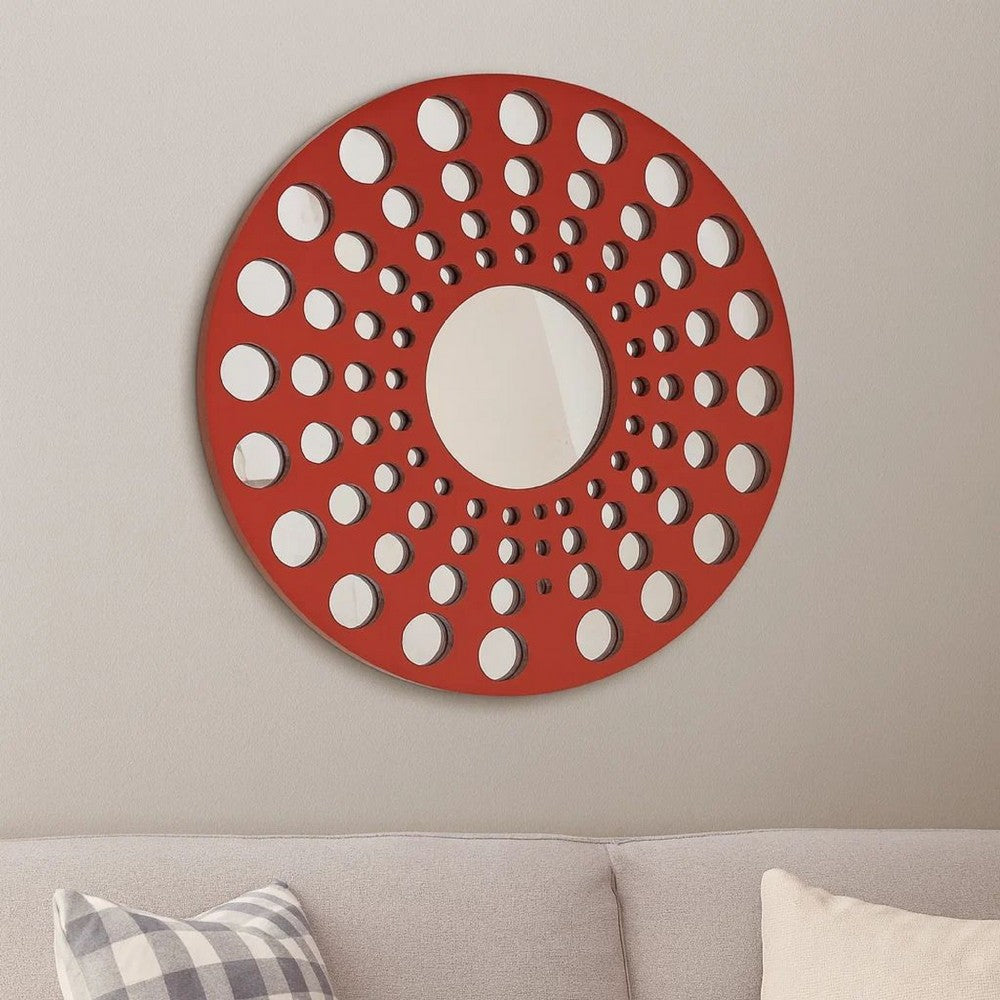 Contemporary Wooden Round Wall Decor with Circle Cut Outs, Red and Silver - BM211047