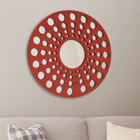 Contemporary Wooden Round Wall Decor with Circle Cut Outs, Red and Silver - BM211047