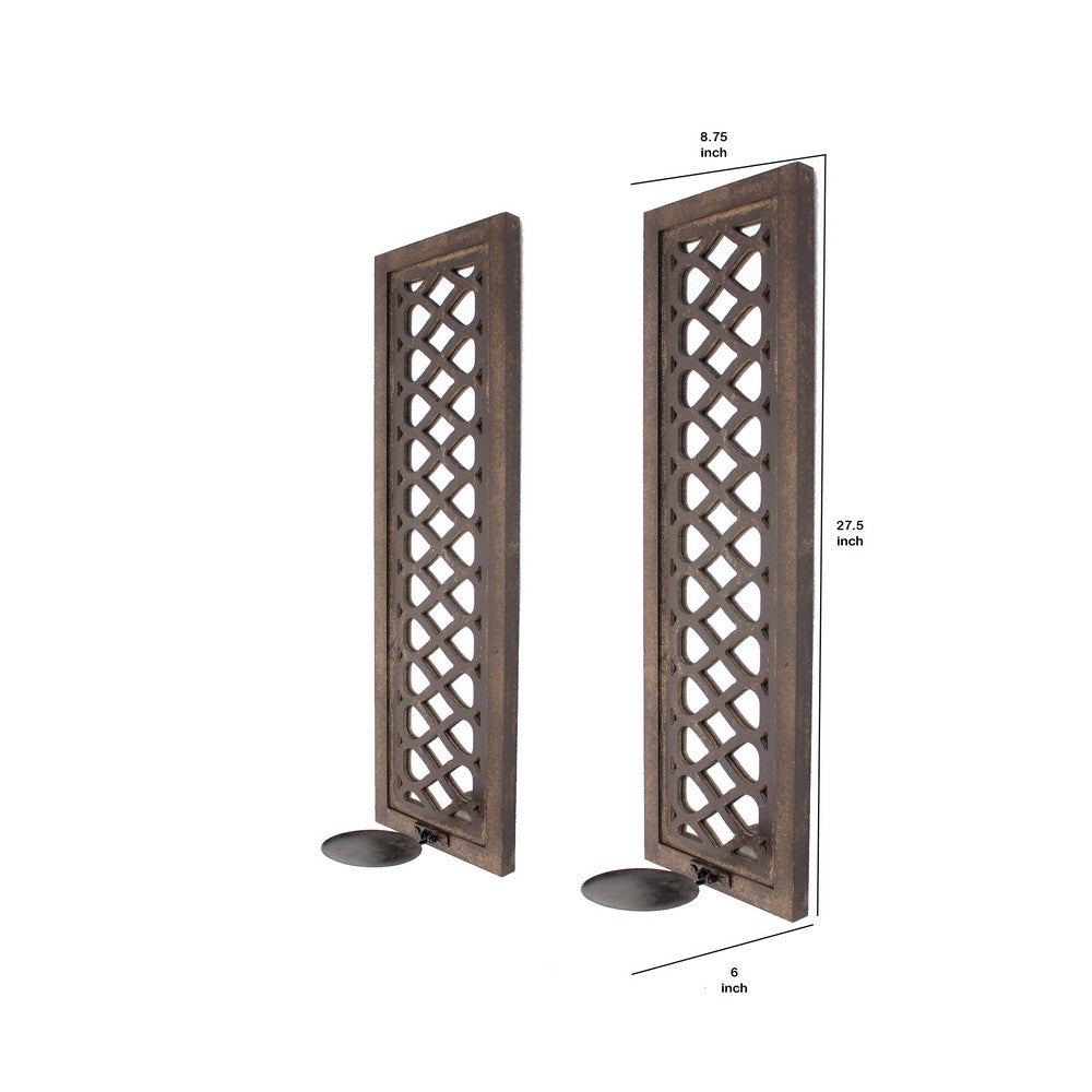 Wooden Rectangular Candle Holder with Lattice Pattern, Set of 2, Brown - BM211050