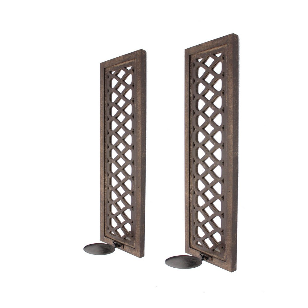 Wooden Rectangular Candle Holder with Lattice Pattern, Set of 2, Brown - BM211050