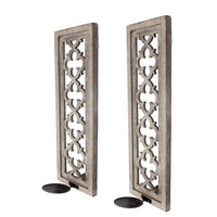 Rectangular Wood Candle Holder with Floral Lattice Pattern, Set of 2,Brown - BM211051