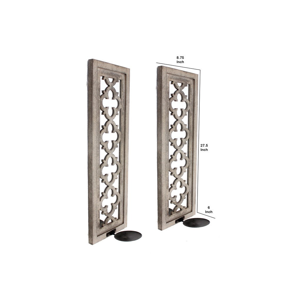 Rectangular Wood Candle Holder with Floral Lattice Pattern, Set of 2,Brown - BM211051