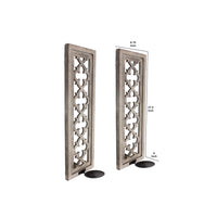 Rectangular Wood Candle Holder with Floral Lattice Pattern, Set of 2,Brown - BM211051