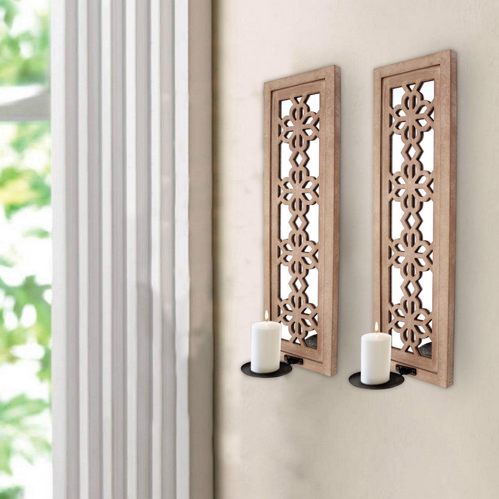 Rectangular Wood Candle Holder with Floral Lattice Design, Set of 2,Brown - BM211052
