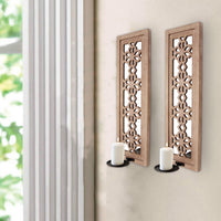 Rectangular Wood Candle Holder with Floral Lattice Design, Set of 2,Brown - BM211052