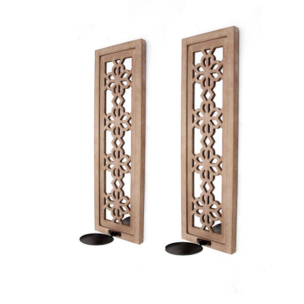 Rectangular Wood Candle Holder with Floral Lattice Design, Set of 2,Brown - BM211052