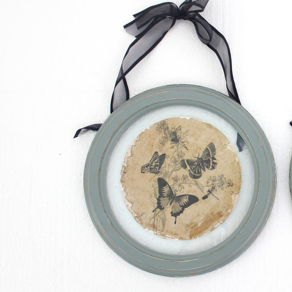 2 Piece Glass Plate Design Wall Decor with Ribbon Hanging, Gray and Clear - BM211058