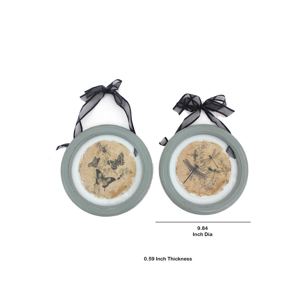 2 Piece Glass Plate Design Wall Decor with Ribbon Hanging, Gray and Clear - BM211058