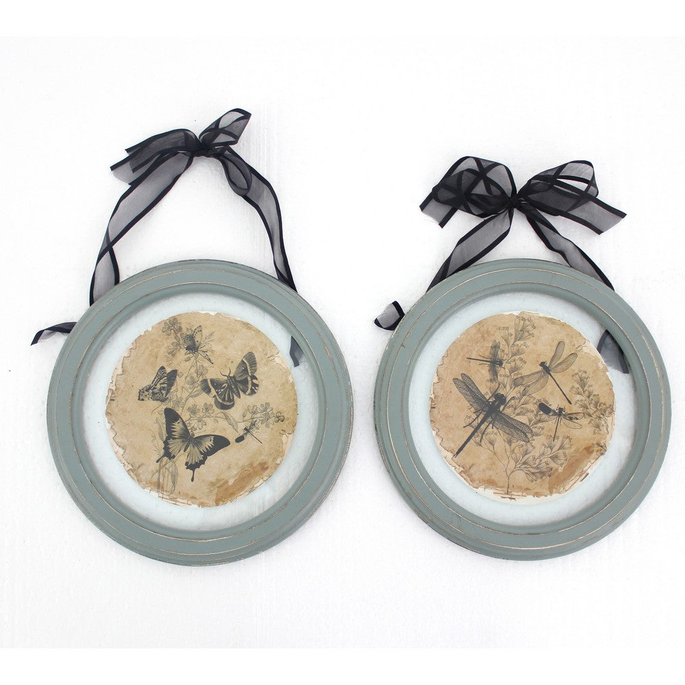 2 Piece Glass Plate Design Wall Decor with Ribbon Hanging, Gray and Clear - BM211058