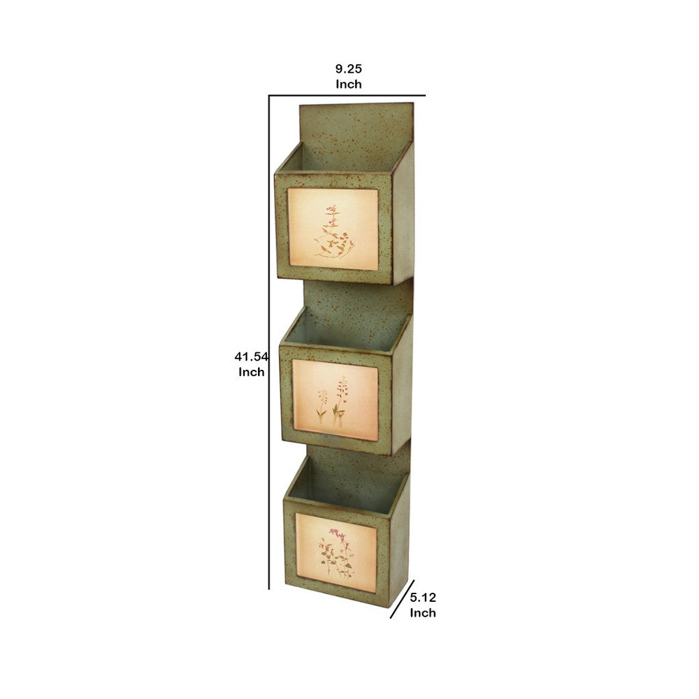 Rustic Wooden Wall Organizer with 3 Box Slots and Floral Pattern, Green - BM211065