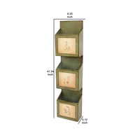 Rustic Wooden Wall Organizer with 3 Box Slots and Floral Pattern, Green - BM211065