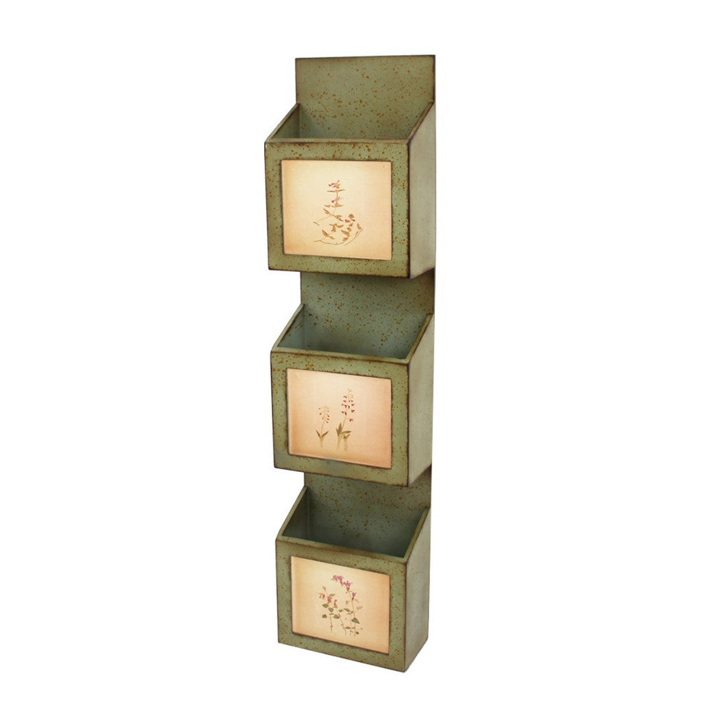 Rustic Wooden Wall Organizer with 3 Box Slots and Floral Pattern, Green - BM211065