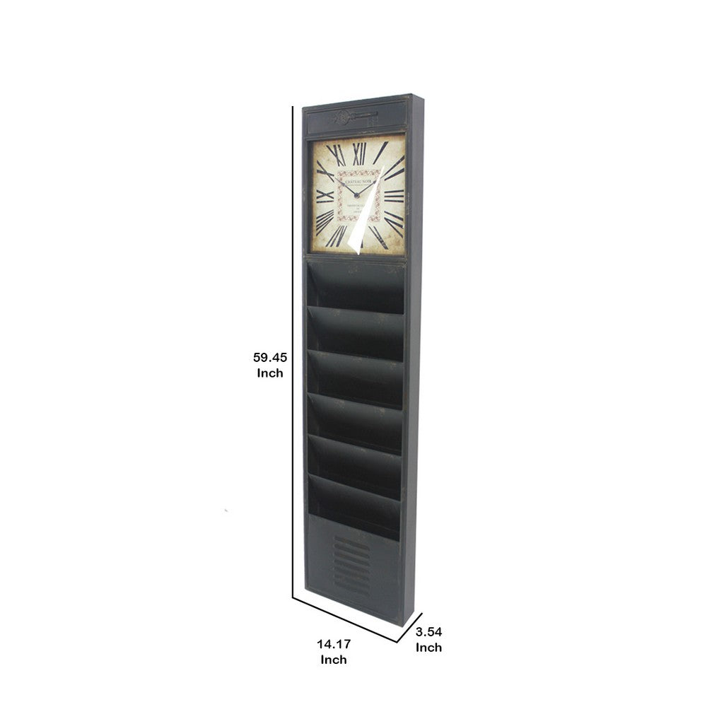 Antique Rustic Style Clock Design Wall Organizer with 6 Slots, Black - BM211067