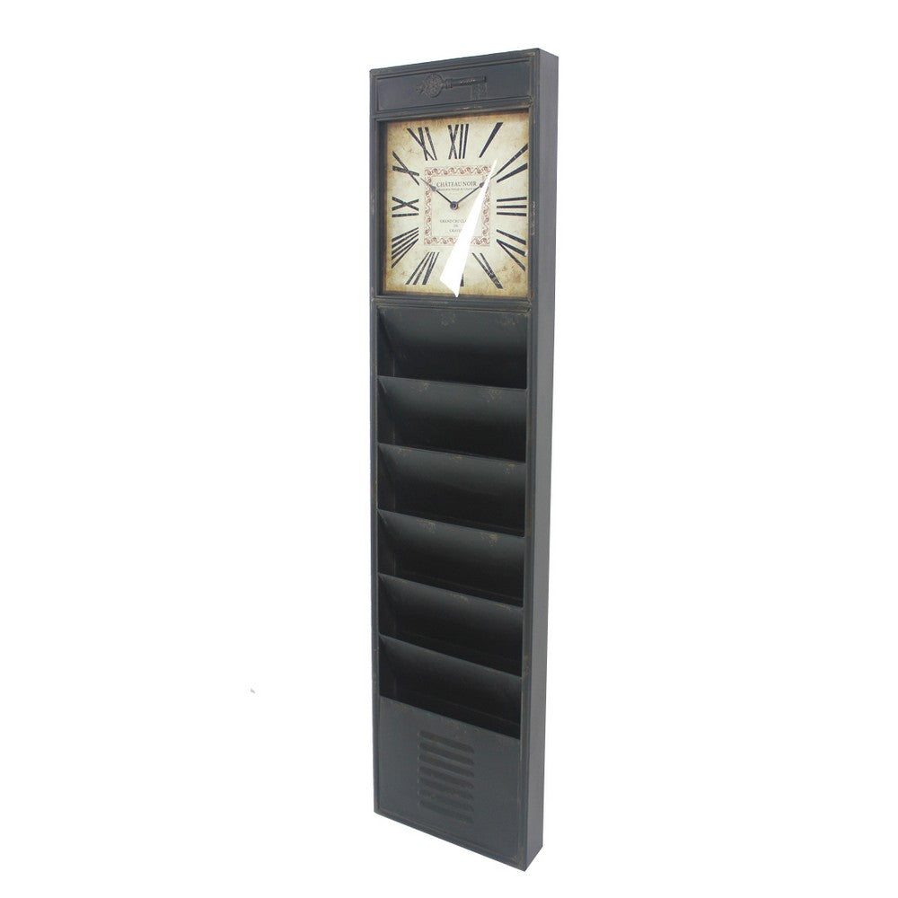 Antique Rustic Style Clock Design Wall Organizer with 6 Slots, Black - BM211067