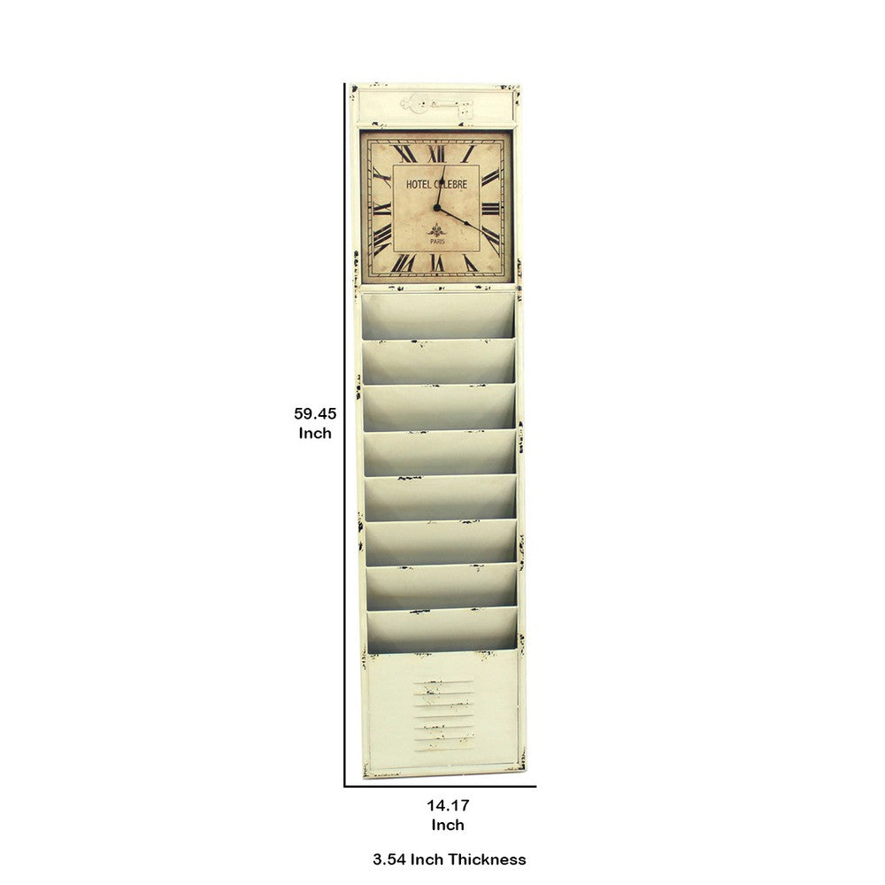 Antique Rustic Style Clock Design Wall Organizer with 6 Slots, White - BM211068