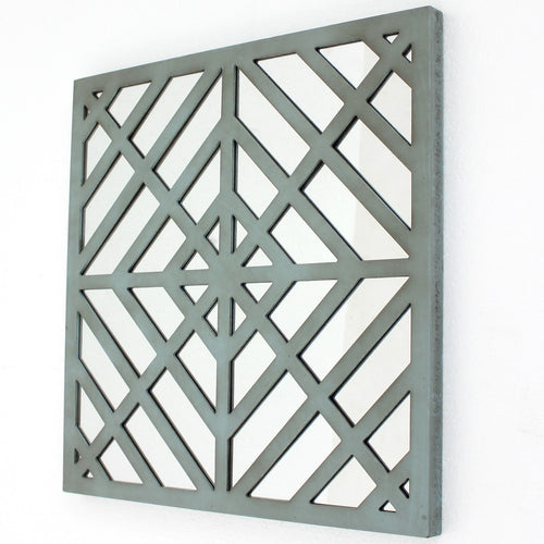 Contemporary Mirrored Wall Decor with Geometric Overlay on Top, Blue and Silver - BM211072