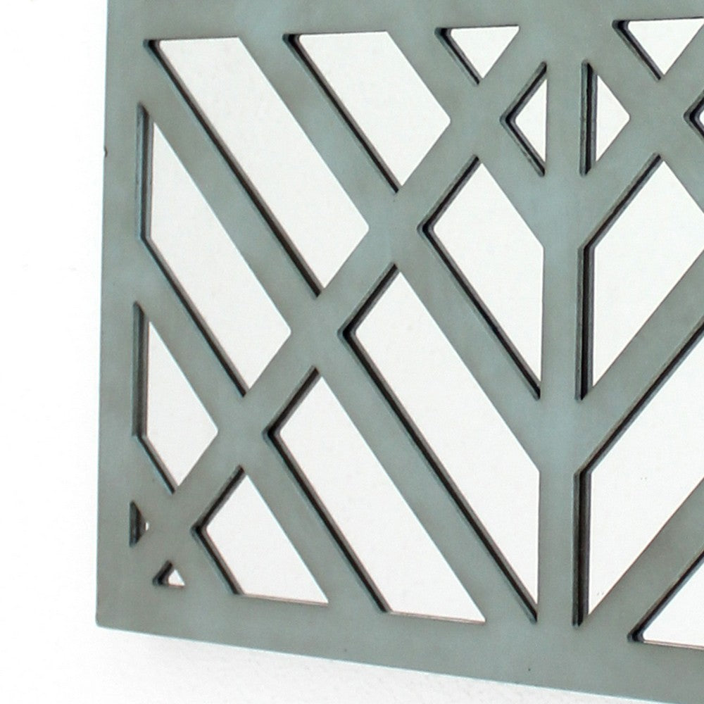 Contemporary Mirrored Wall Decor with Geometric Overlay on Top, Blue and Silver - BM211072