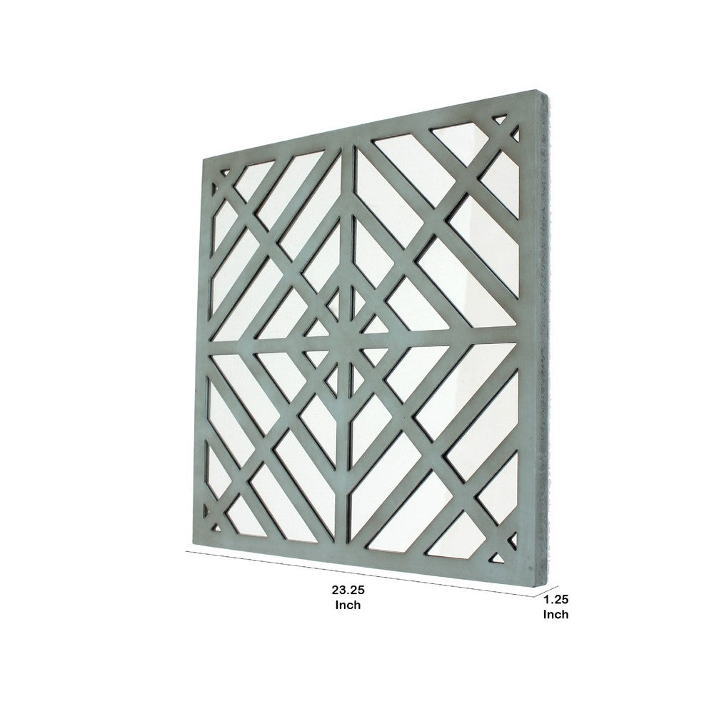 Contemporary Mirrored Wall Decor with Geometric Overlay on Top, Blue and Silver - BM211072