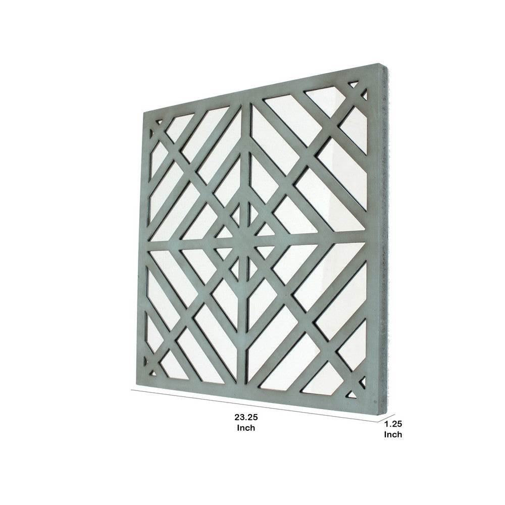 Contemporary Mirrored Wall Decor with Geometric Overlay on Top, Blue and Silver - BM211072