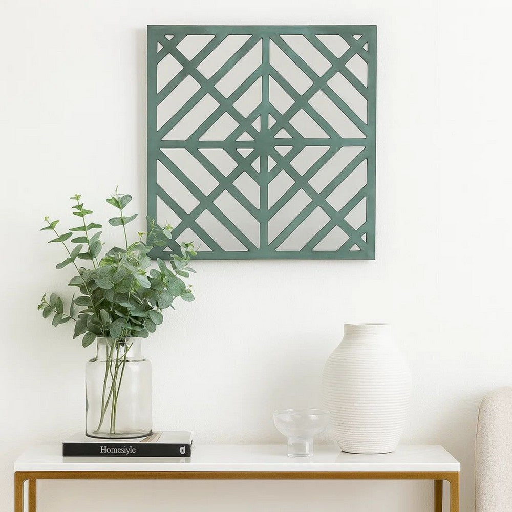 Contemporary Mirrored Wall Decor with Geometric Overlay on Top, Blue and Silver - BM211072