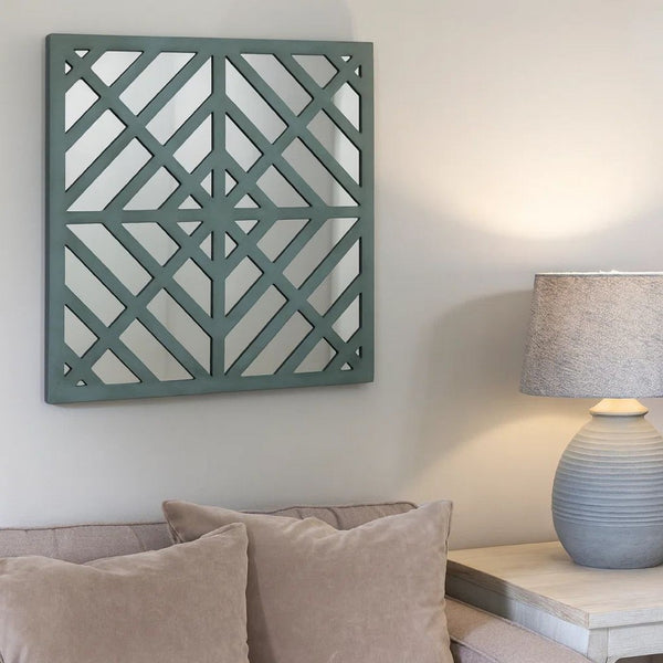 Contemporary Mirrored Wall Decor with Geometric Overlay on Top, Blue and Silver - BM211072