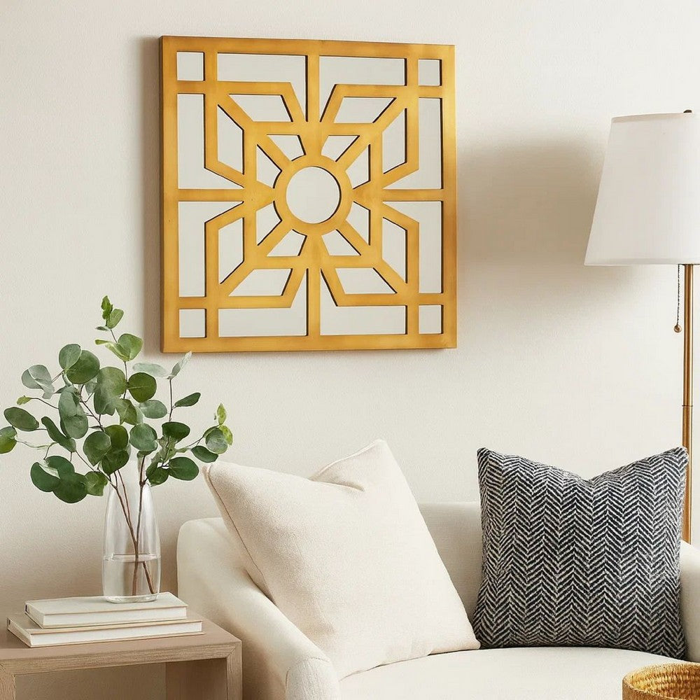 Mirrored Wall Decor with Wooden Floral Overlay on Top, Gold and Silver - BM211073