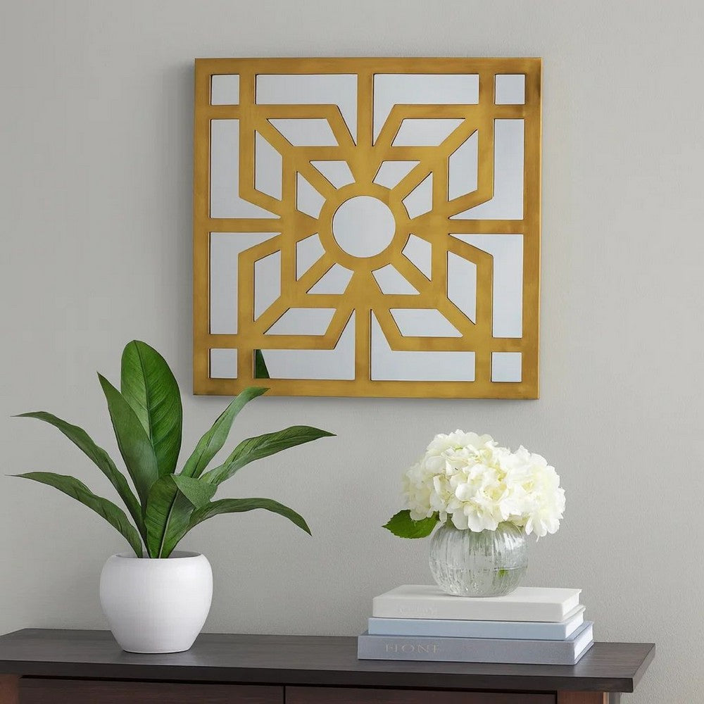 Mirrored Wall Decor with Wooden Floral Overlay on Top, Gold and Silver - BM211073
