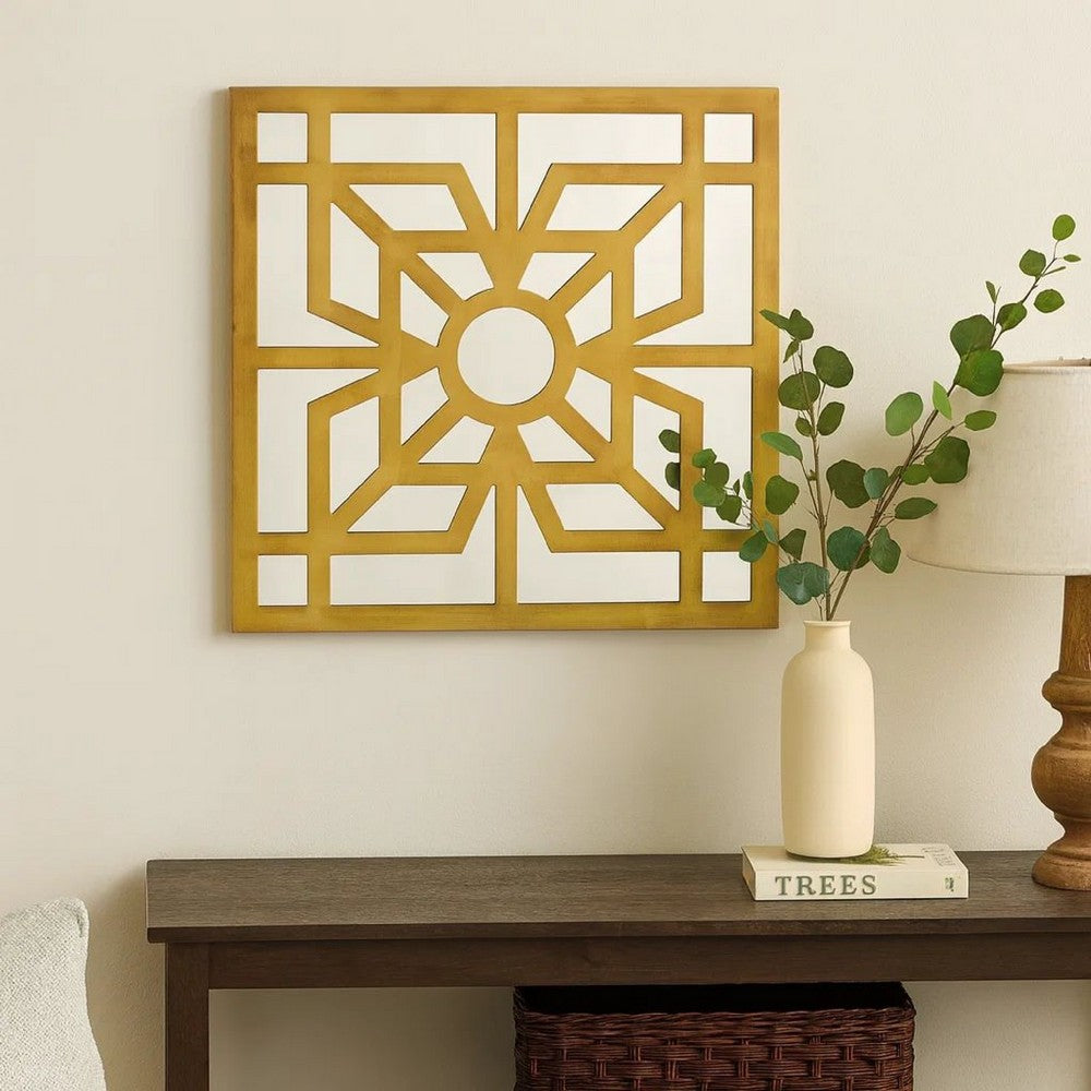 Mirrored Wall Decor with Wooden Floral Overlay on Top, Gold and Silver - BM211073