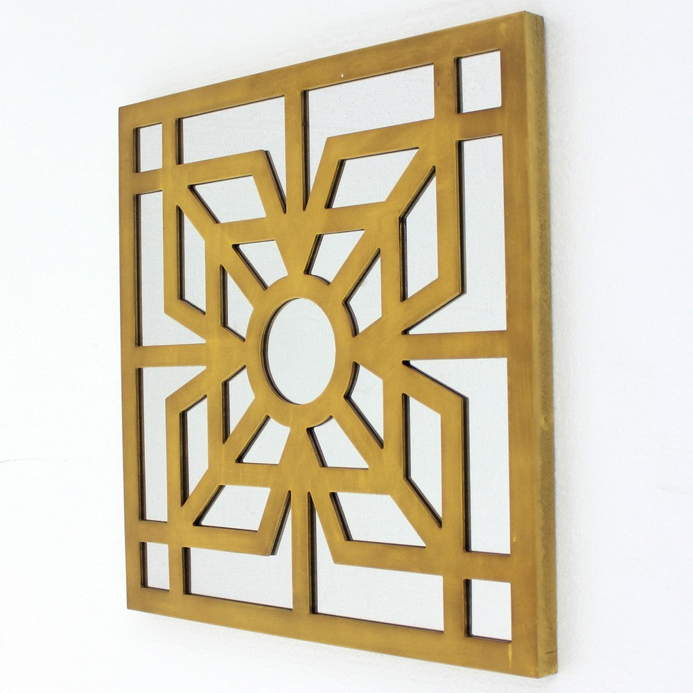 Mirrored Wall Decor with Wooden Floral Overlay on Top, Gold and Silver - BM211073