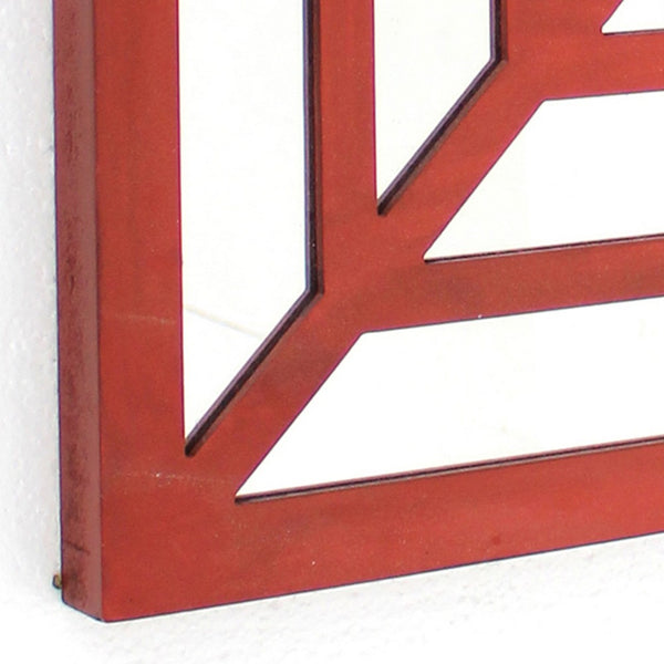 Wooden Wall Decor with Concentric Square Design on Top, Red and Silver - BM211074