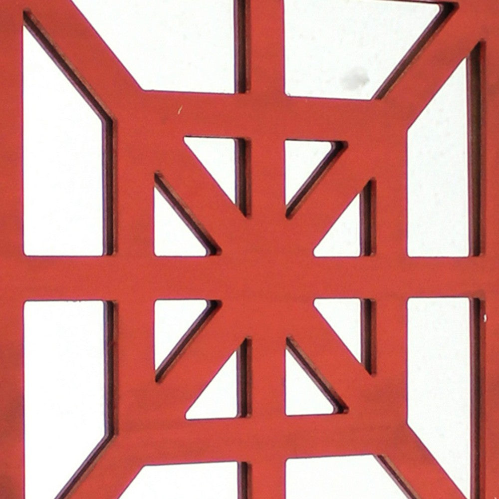 Wooden Wall Decor with Concentric Square Design on Top, Red and Silver - BM211074