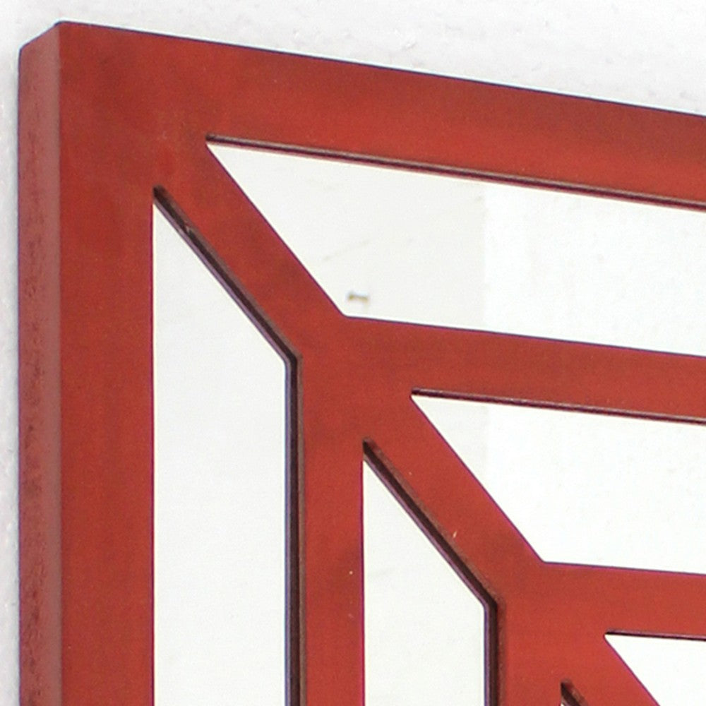 Wooden Wall Decor with Concentric Square Design on Top, Red and Silver - BM211074