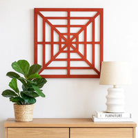 Wooden Wall Decor with Concentric Square Design on Top, Red and Silver - BM211074