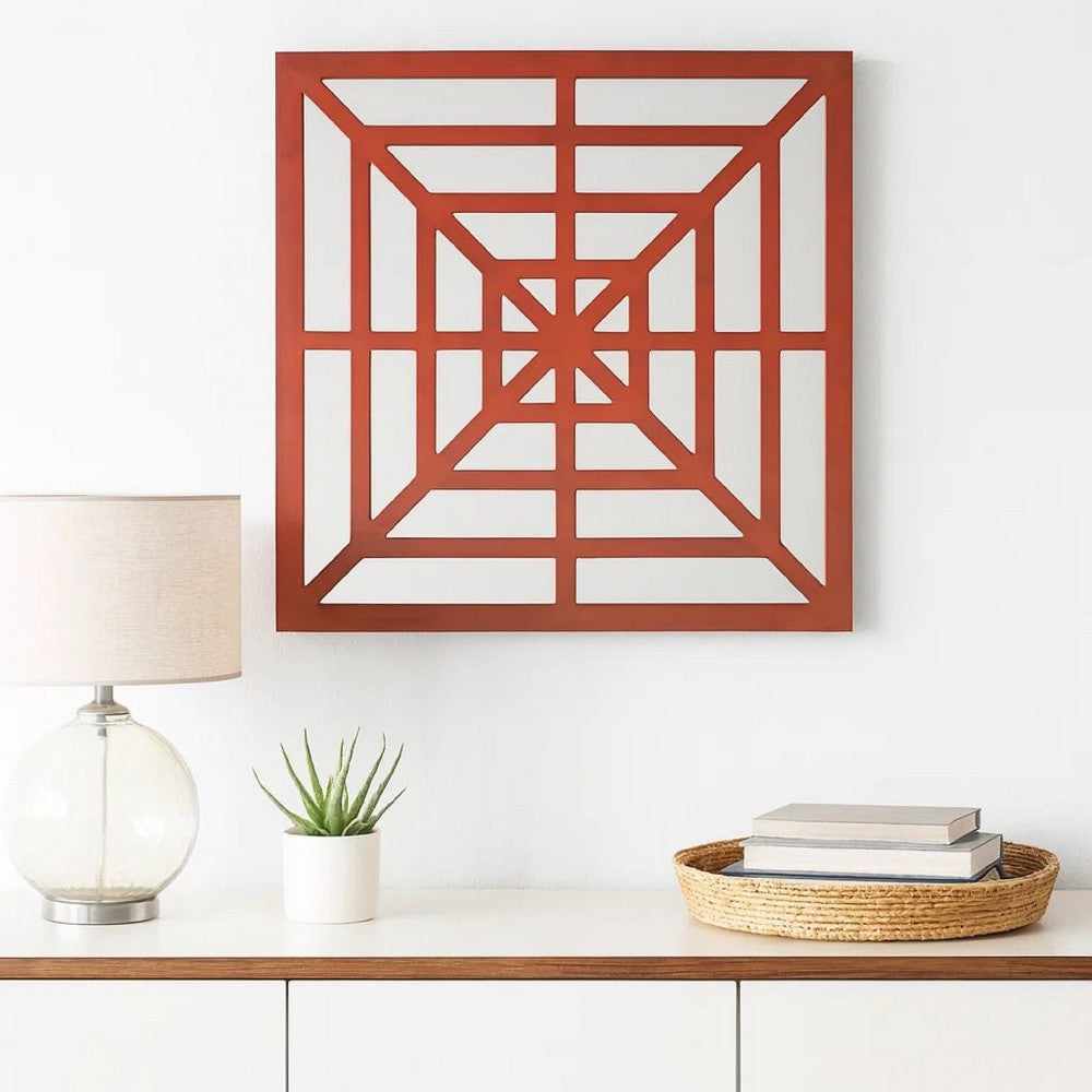 Wooden Wall Decor with Concentric Square Design on Top, Red and Silver - BM211074