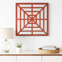 Wooden Wall Decor with Concentric Square Design on Top, Red and Silver - BM211074