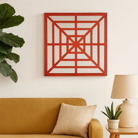 Wooden Wall Decor with Concentric Square Design on Top, Red and Silver - BM211074
