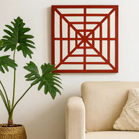 Wooden Wall Decor with Concentric Square Design on Top, Red and Silver - BM211074