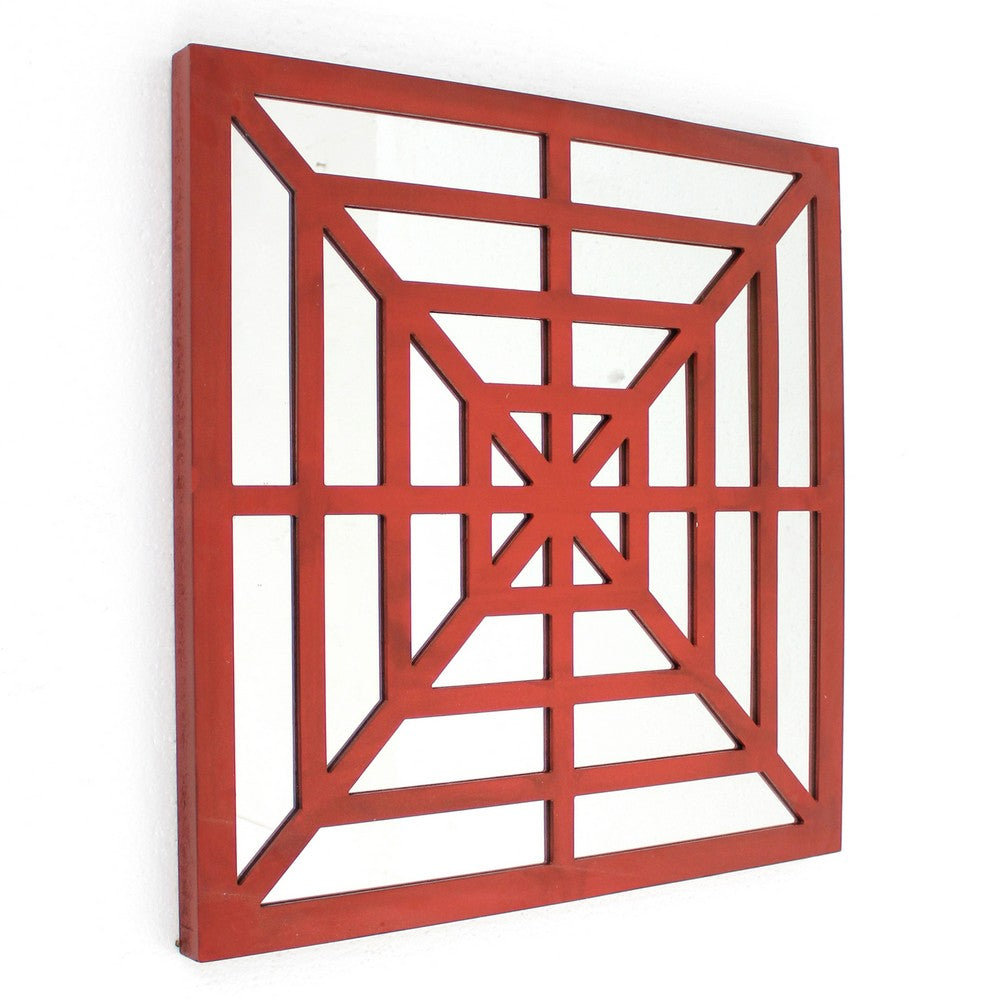 Wooden Wall Decor with Concentric Square Design on Top, Red and Silver - BM211074