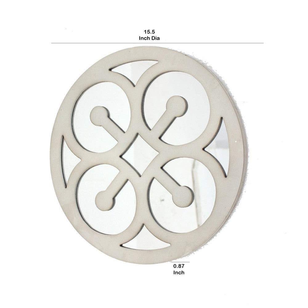 Wooden Round Shape Wall Decor Geometric Overlay on Top, White and Silver - BM211076